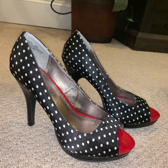 Black and white polka dotted open toe heels - Picture 3 of 5